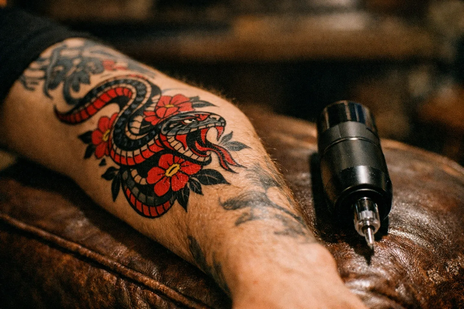 Forearm tattoo with a cordless tattoo machine placed near the skin, cordless design clearly visible