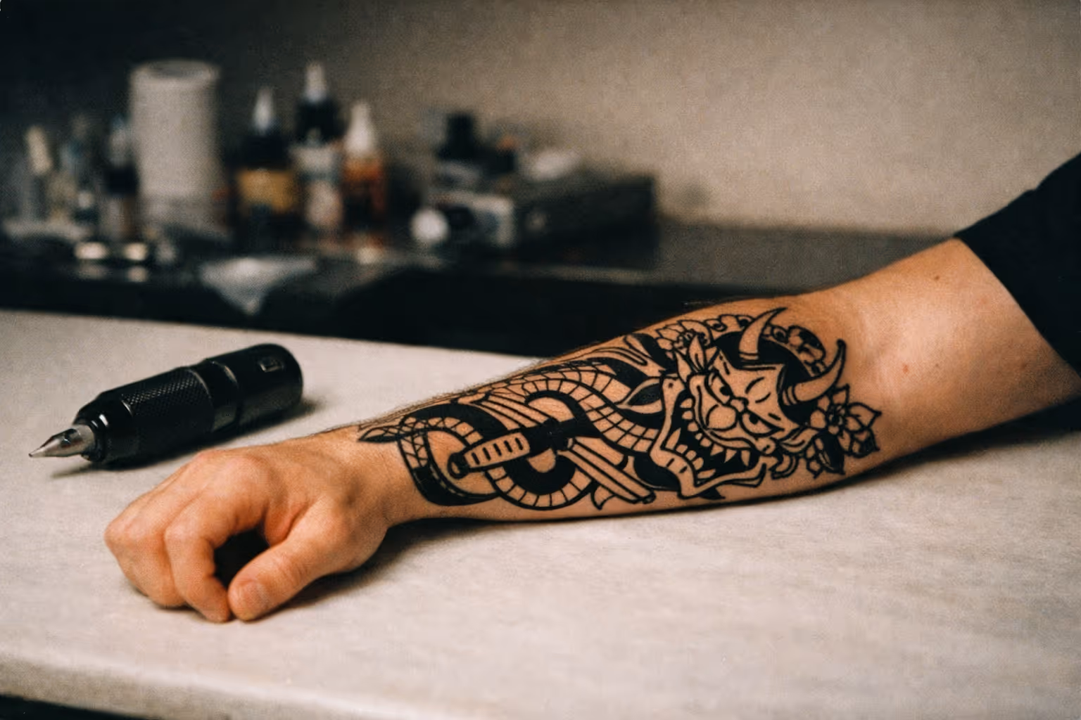 Editorial feature shot of a tattooed forearm with bold linework and a cordless tattoo machine nearby in a minimal studio setup