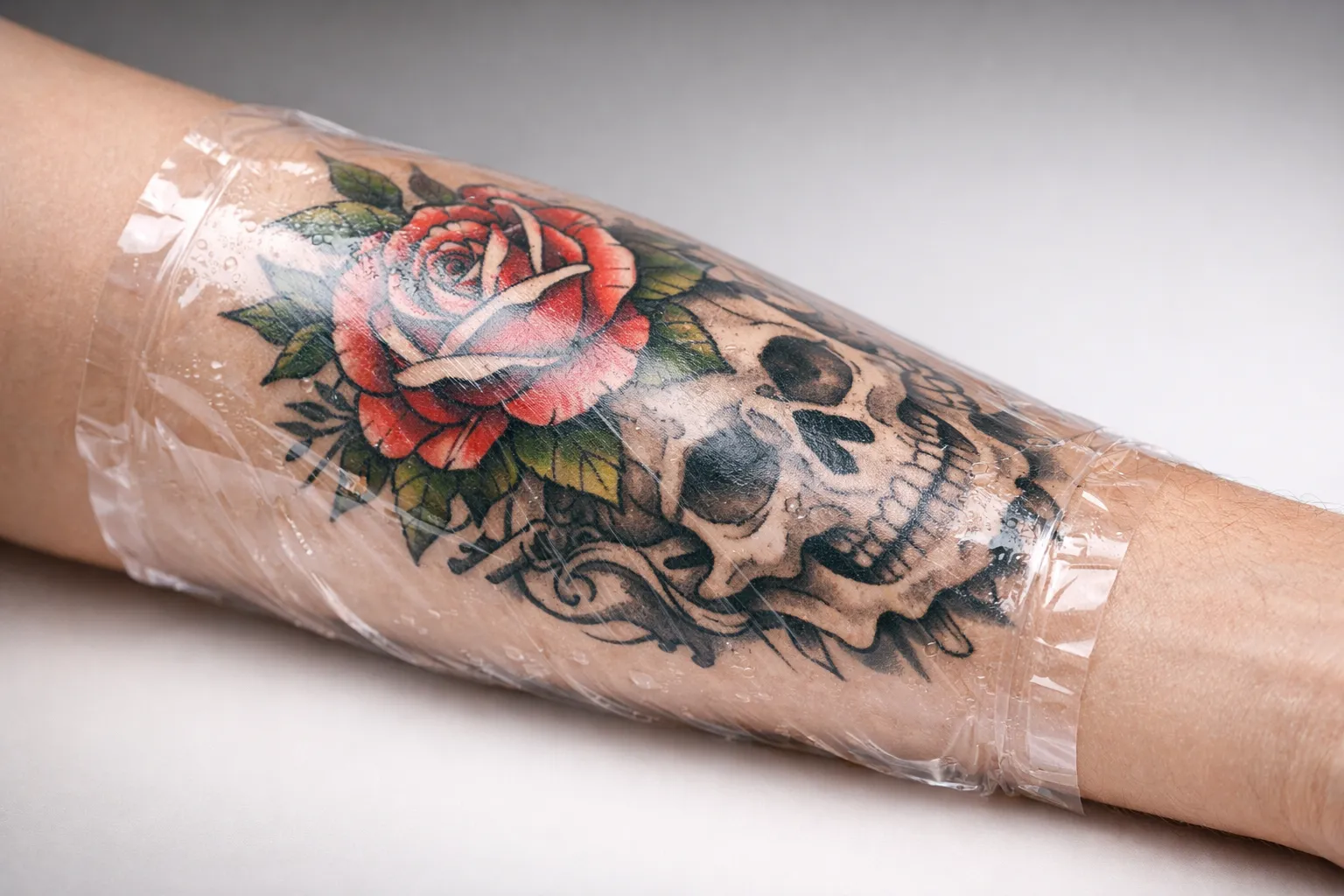 Forearm tattoo under a transparent protective film as a non-brand aftercare option