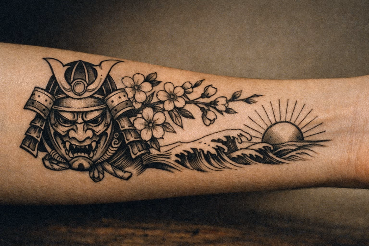 Feature image: healed forearm tattoo macro shot in editorial studio lighting