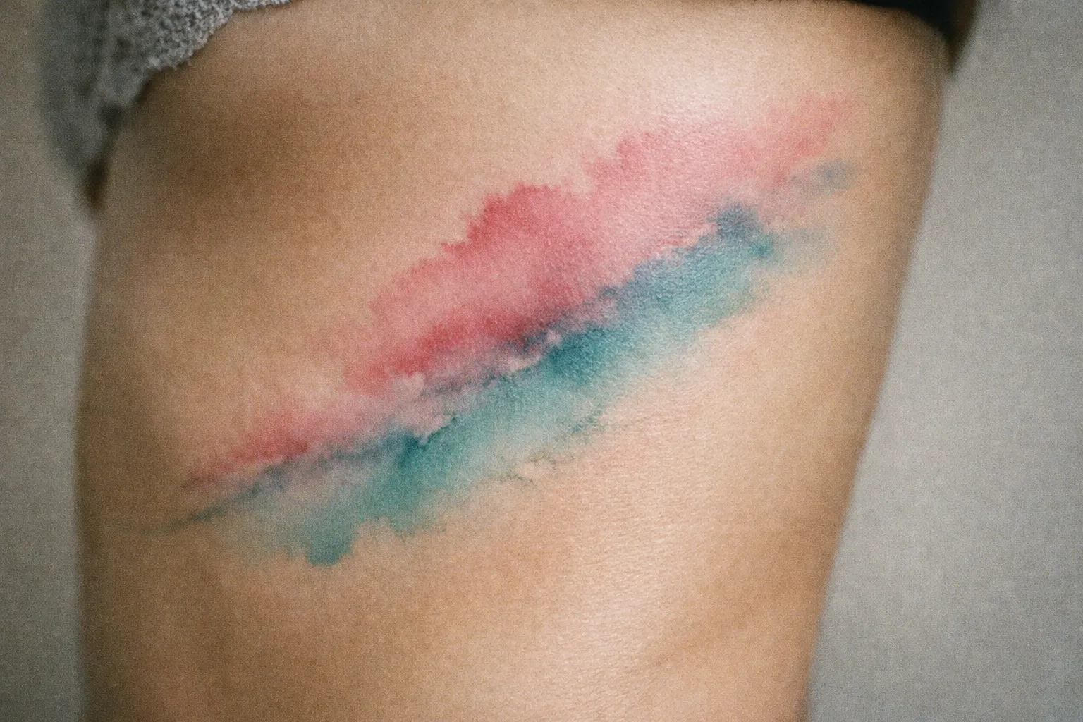 A watercolor-style tattoo in pink and blue is displayed on a woman's side.