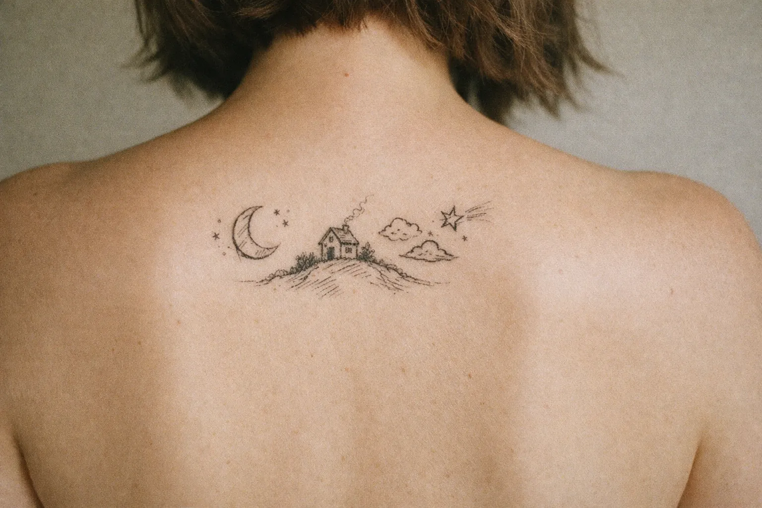 Illustrative sketch style upper-back tattoo