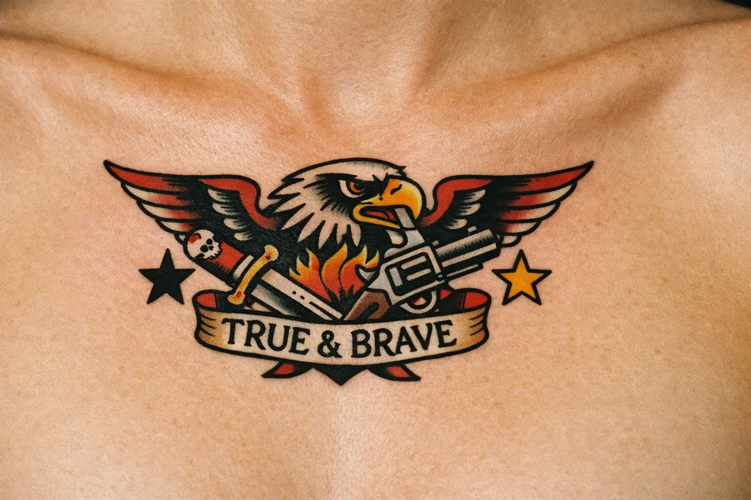 American Traditional chest tattoo under the collarbone