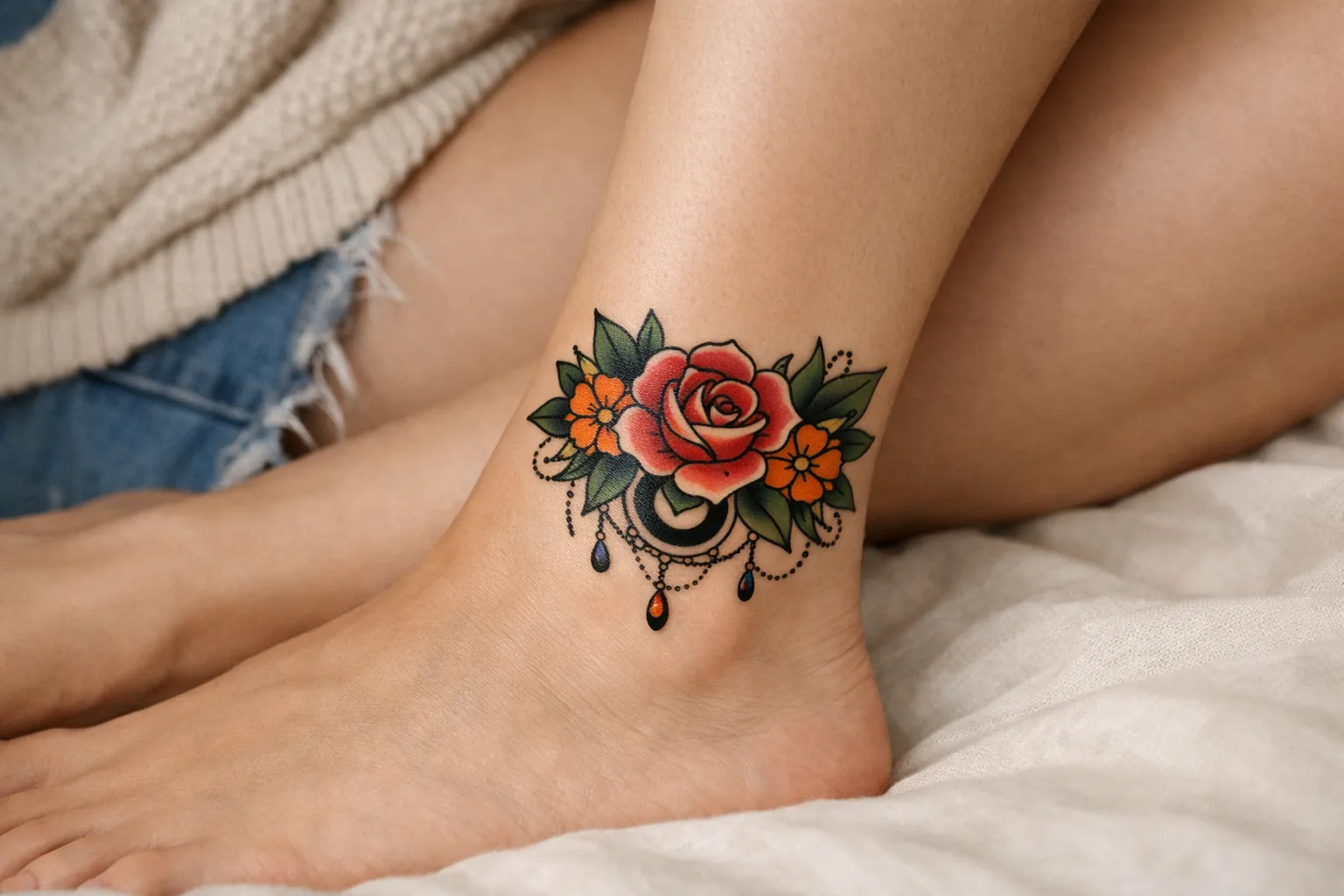 A woman's ankle with a colorful rose and floral tattoo while she sits on a bed.