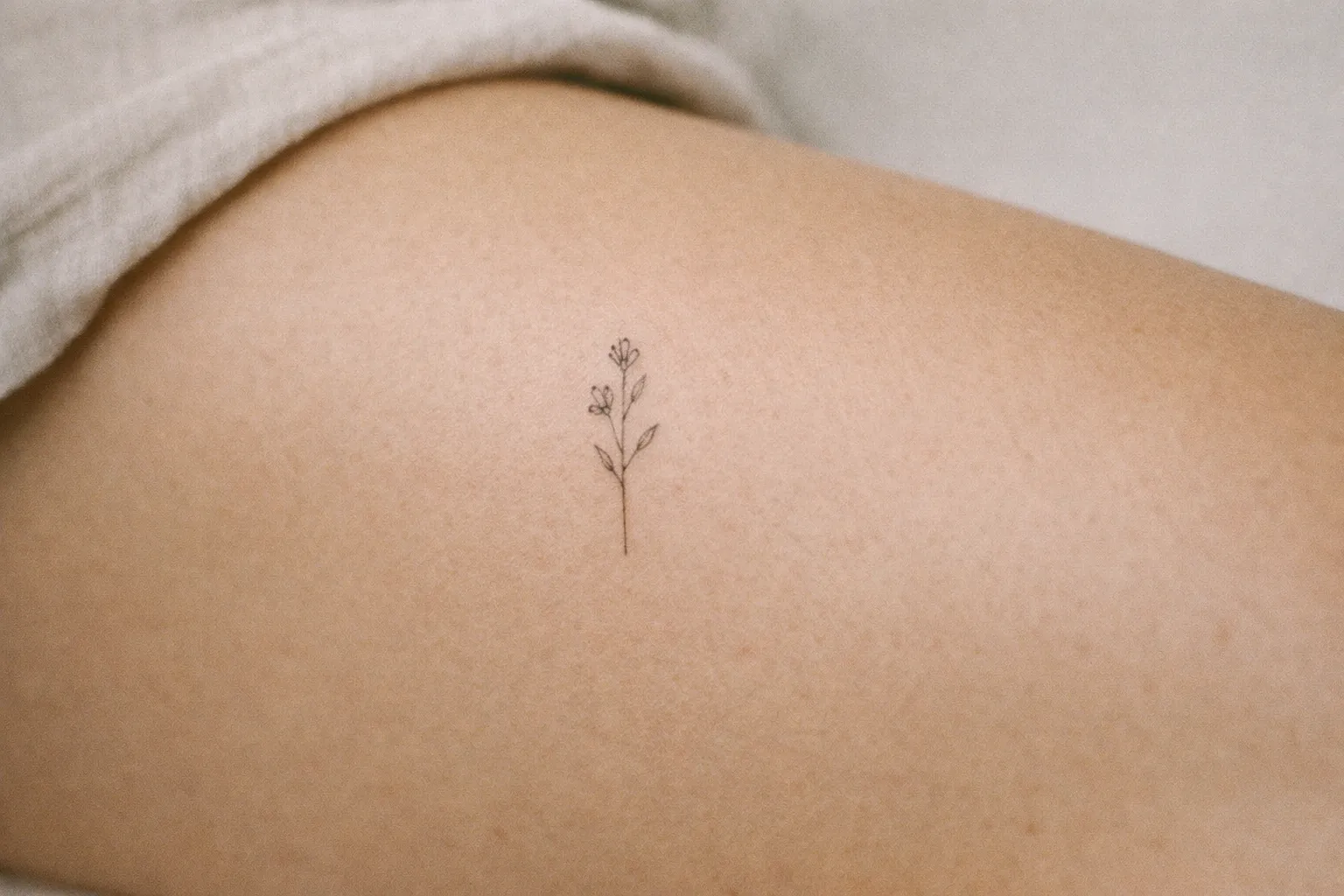 Fine-line tattoo on the thigh