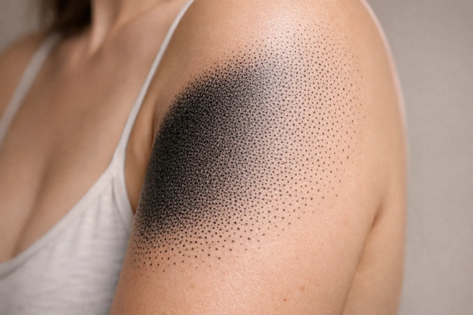 A woman's shoulder with a black dotwork gradient tattoo on her upper arm.