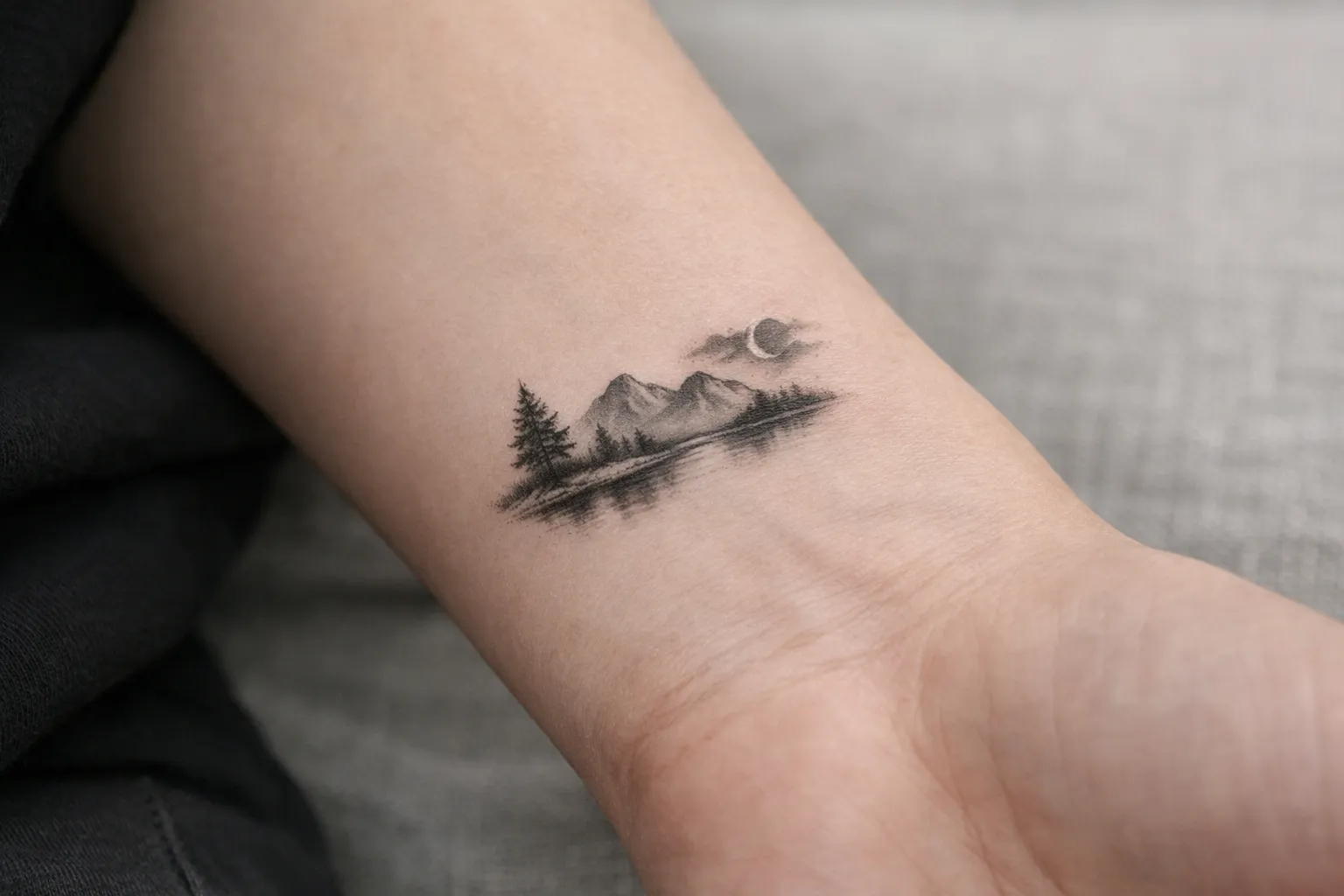 A small landscape tattoo of mountains, trees, and a crescent moon on a woman's wrist.