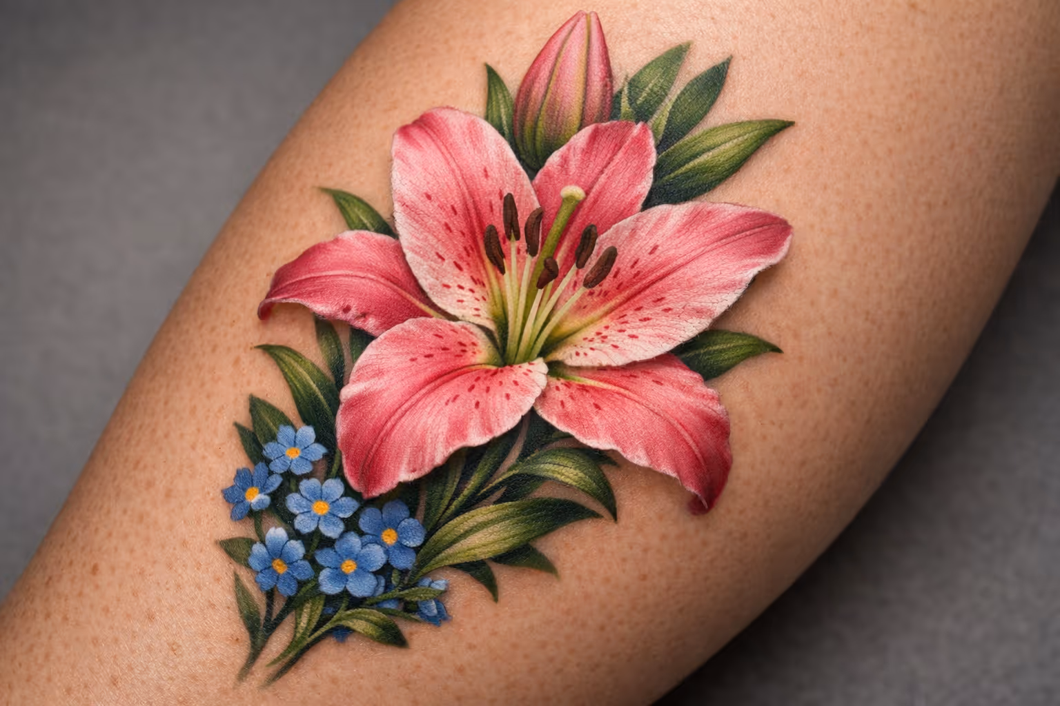A realistic pink lily and blue flower tattoo on a person's skin.