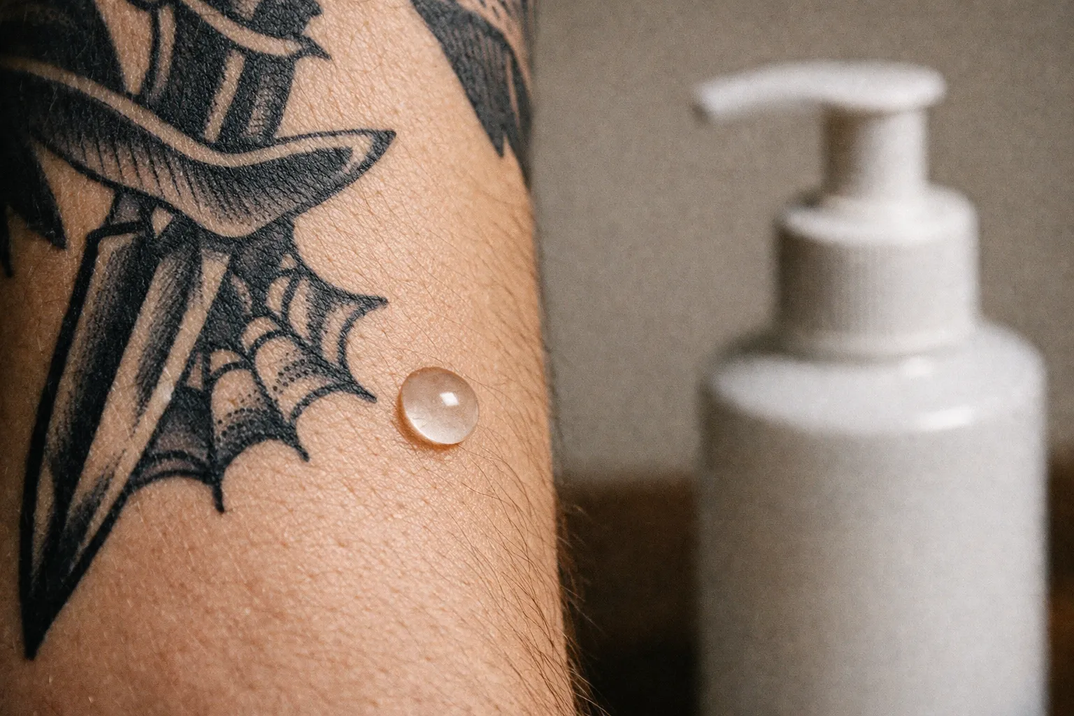 Macro shot of a forearm tattoo with a bead of fragrance-free lotion resting on the skin beside the ink.