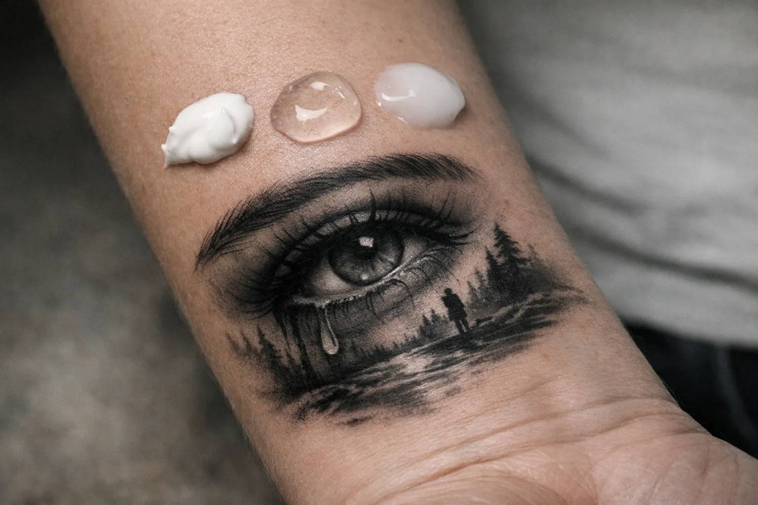 Tattooed forearm with three types of lotion dabbed above an eye and landscape design.