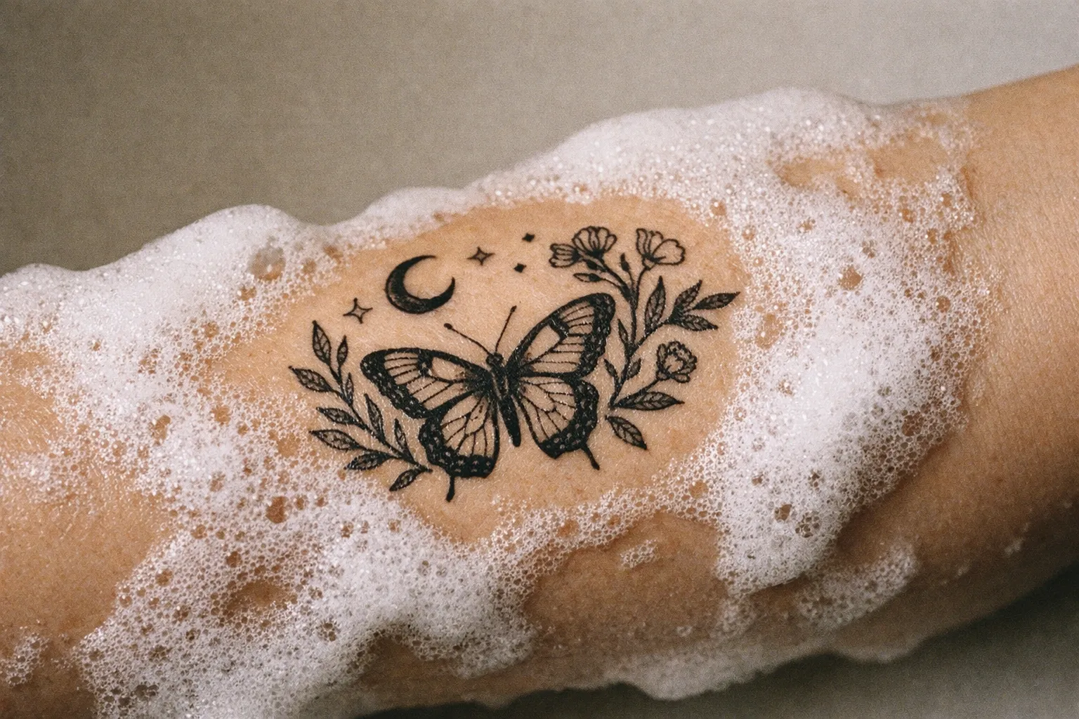 Macro shot of a healed forearm tattoo with a light layer of foam from aftercare applied near the ink.