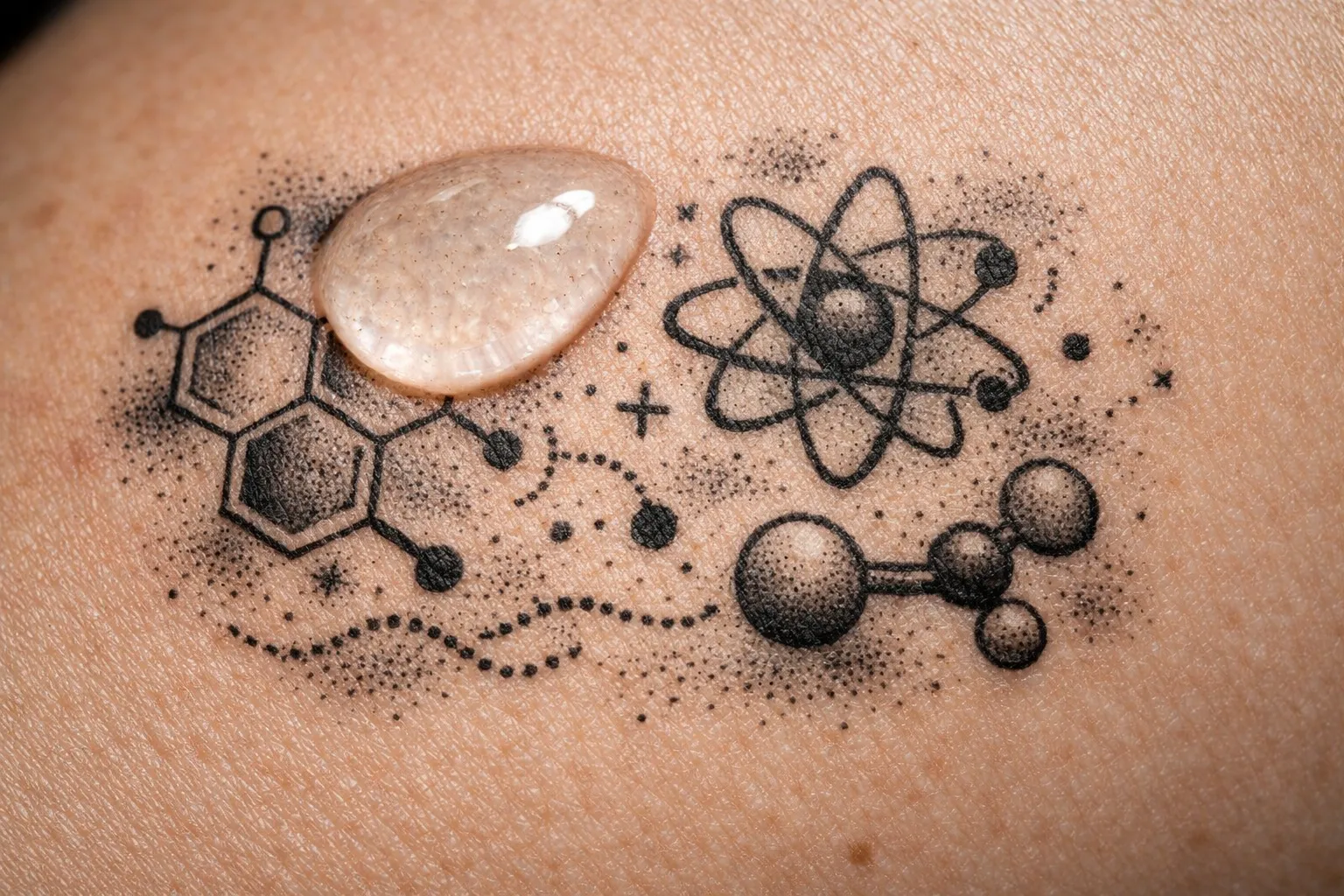A drop of lotion sits on skin with a geometric science-themed tattoo.