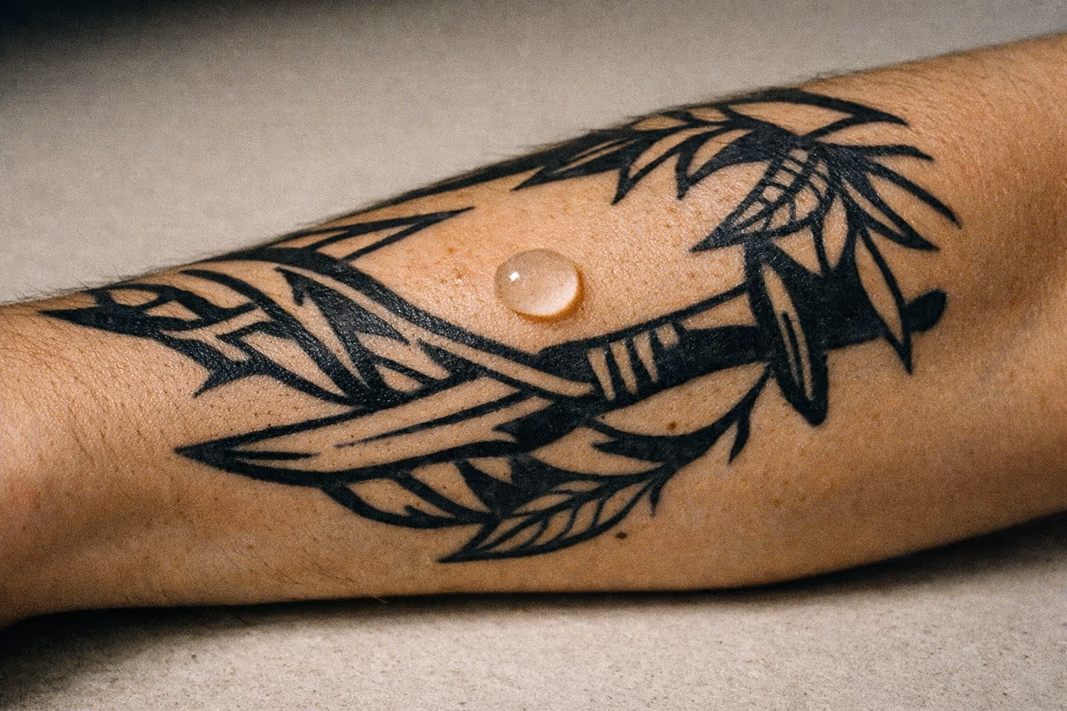 Editorial hero shot of a tattooed forearm with a small bead of fragrance-free lotion, styled for the feature.