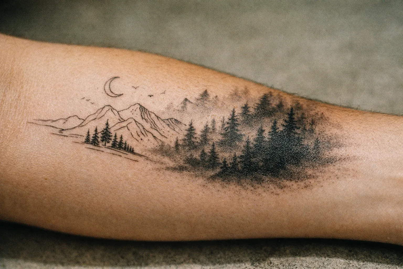 Forearm tattoo showing varied line density representing different needle groupings