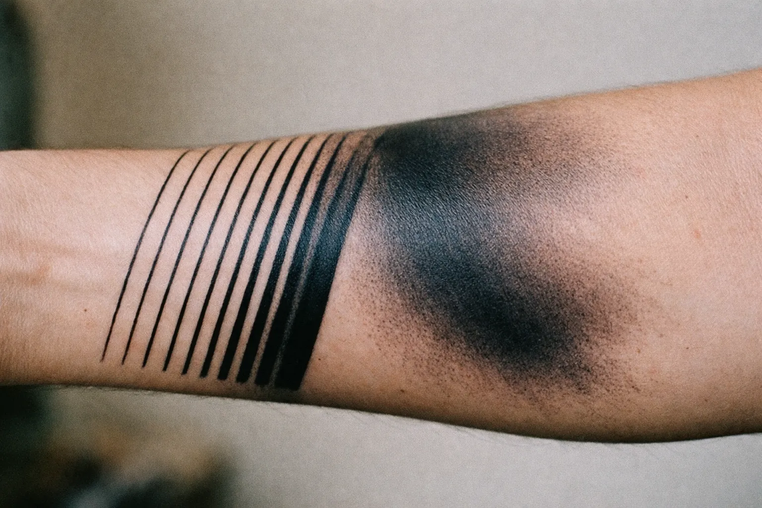 Forearm showing two regions: crisp lines versus broad shading to contrast cartridge vs traditional bar techniques