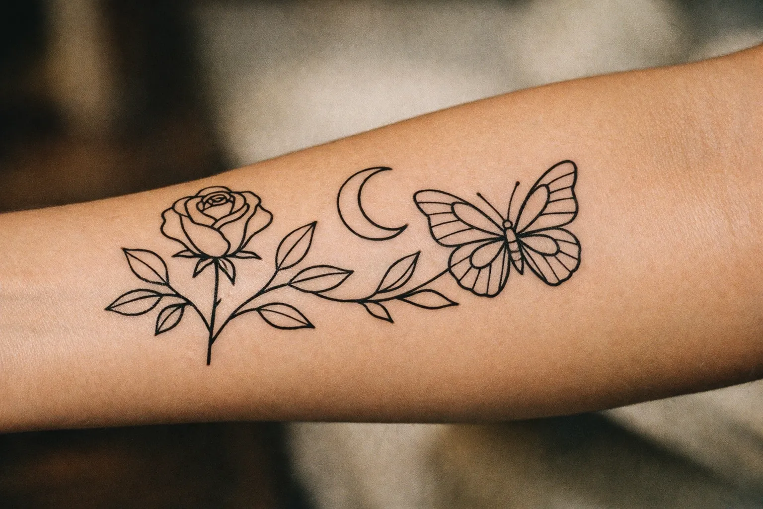 Forearm close-up of ultra-crisp black linework illustrating lining technique