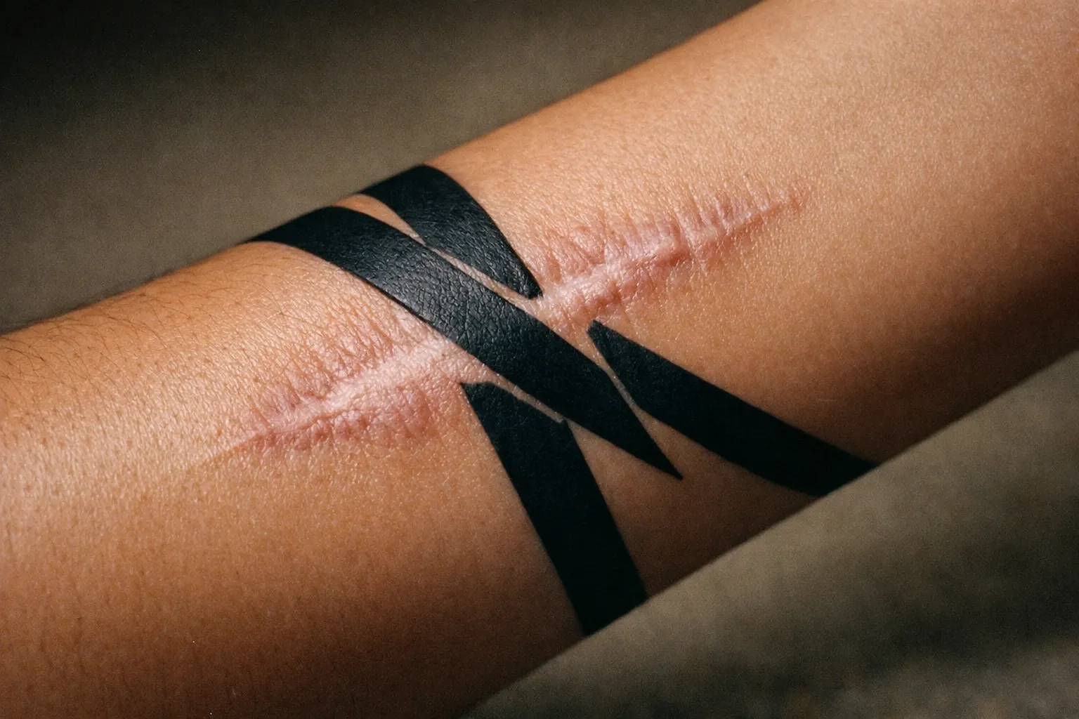 Forearm with scar and bold tattoo crossing over it, close-up