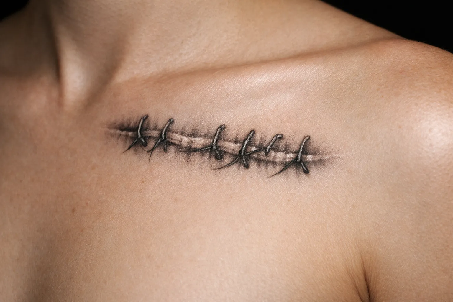 A tattoo designed to look like stitches covers a scar on a person's upper chest near the collarbone.