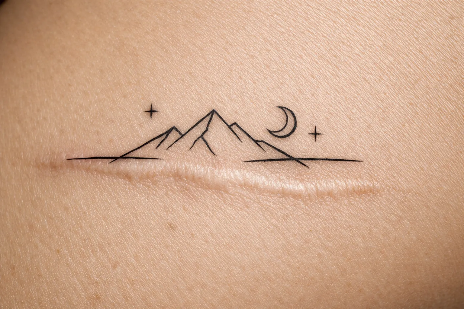 A minimalist mountain and moon tattoo is inked directly over a visible scar on skin.
