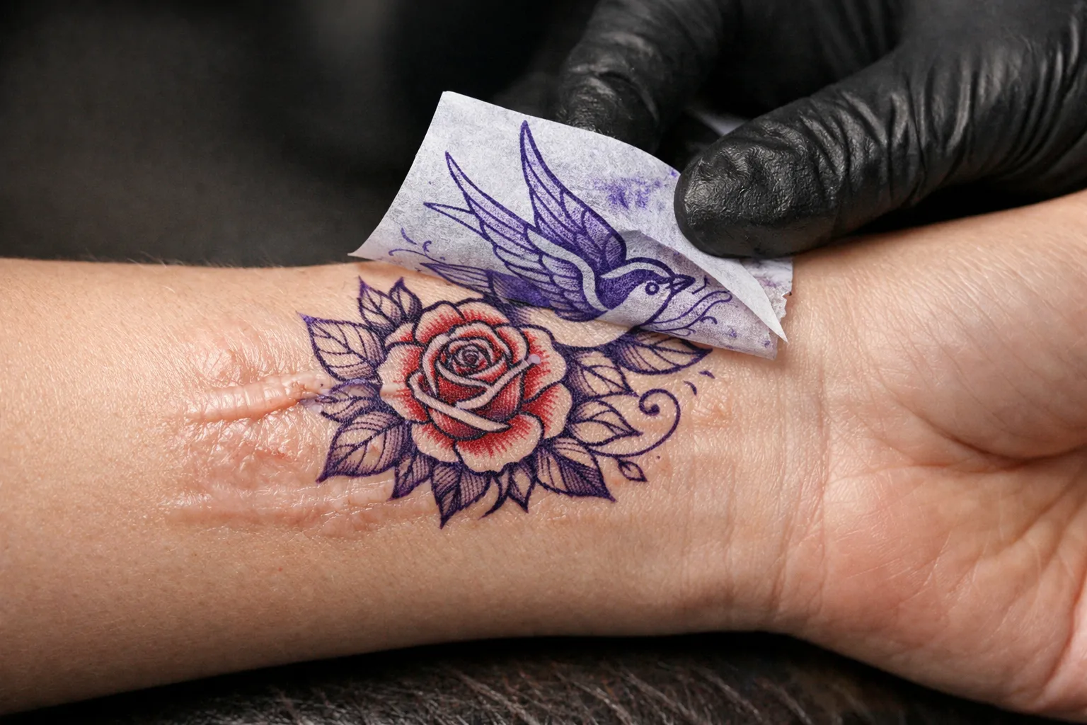 A tattoo artist applies a rose and bird design over a visible scar on a person's wrist.
