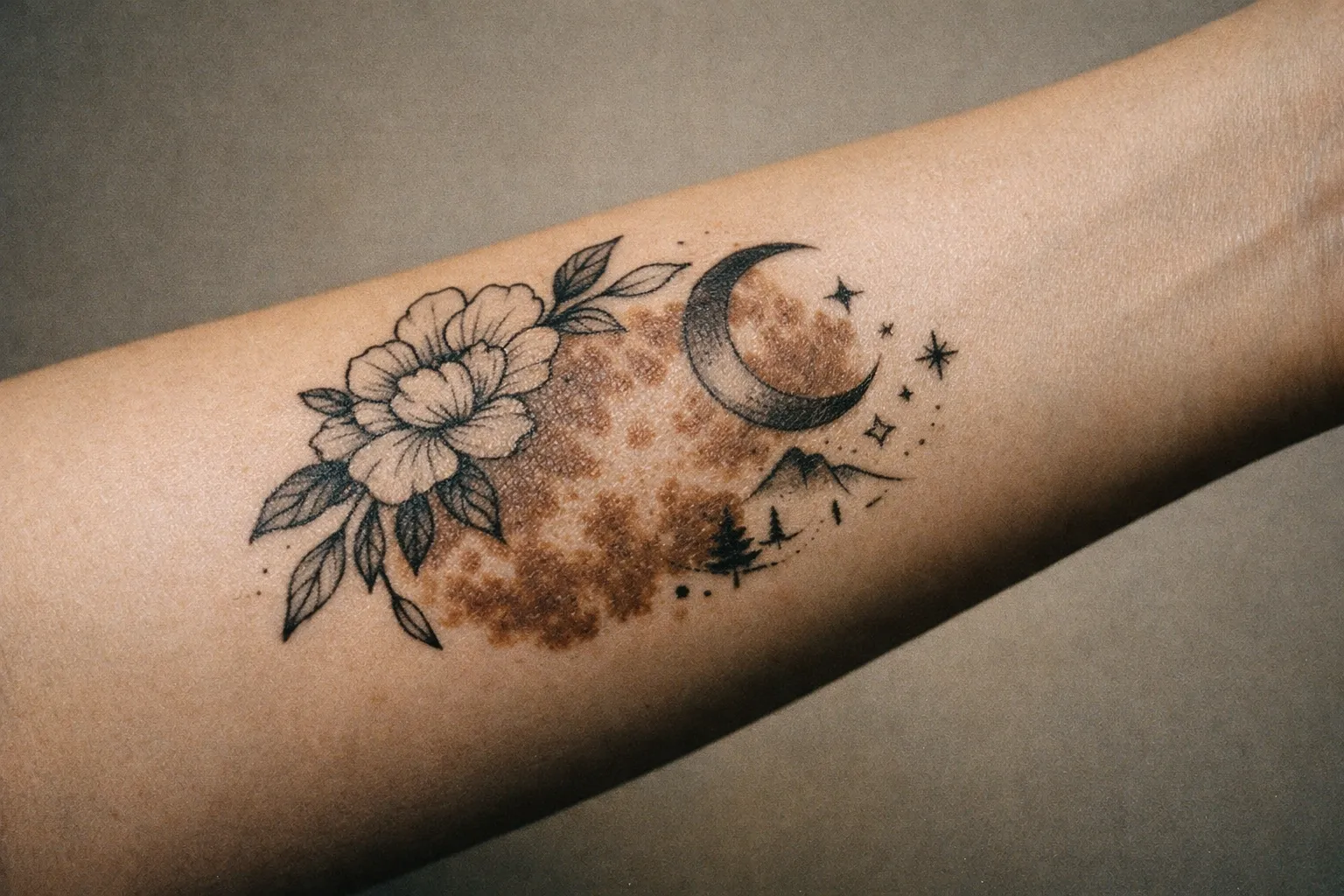 Forearm with birthmark and tattoo partially covering it