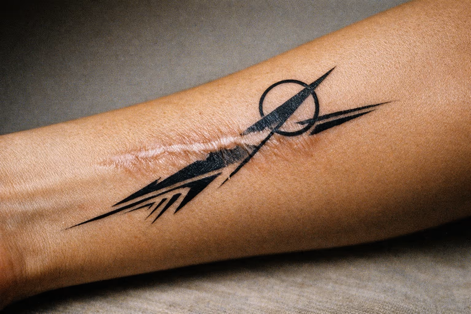 Editorial close-up of a forearm showing a scar with a bold tattoo overlay, in a 16:9 editorial crop
