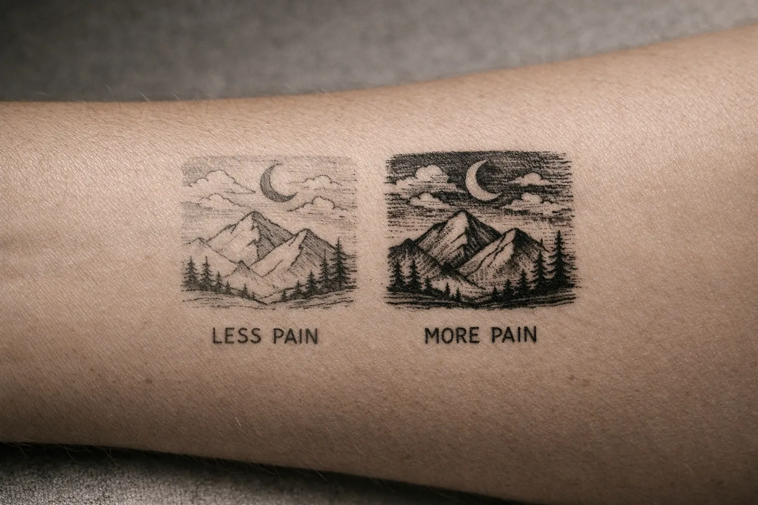 Forearm with two adjacent patches showing different ink density to imply pain variation, macro shot