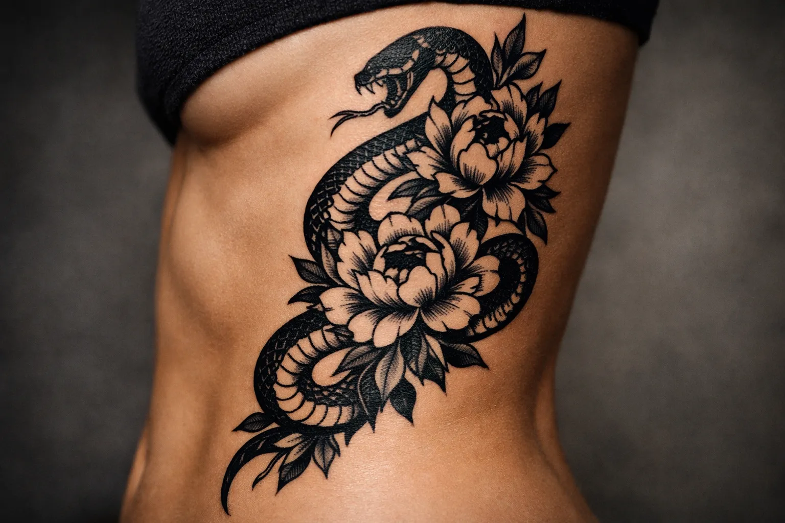 Bold rib-area tattoo on the side torso; close-up showing linework and shading with skin texture