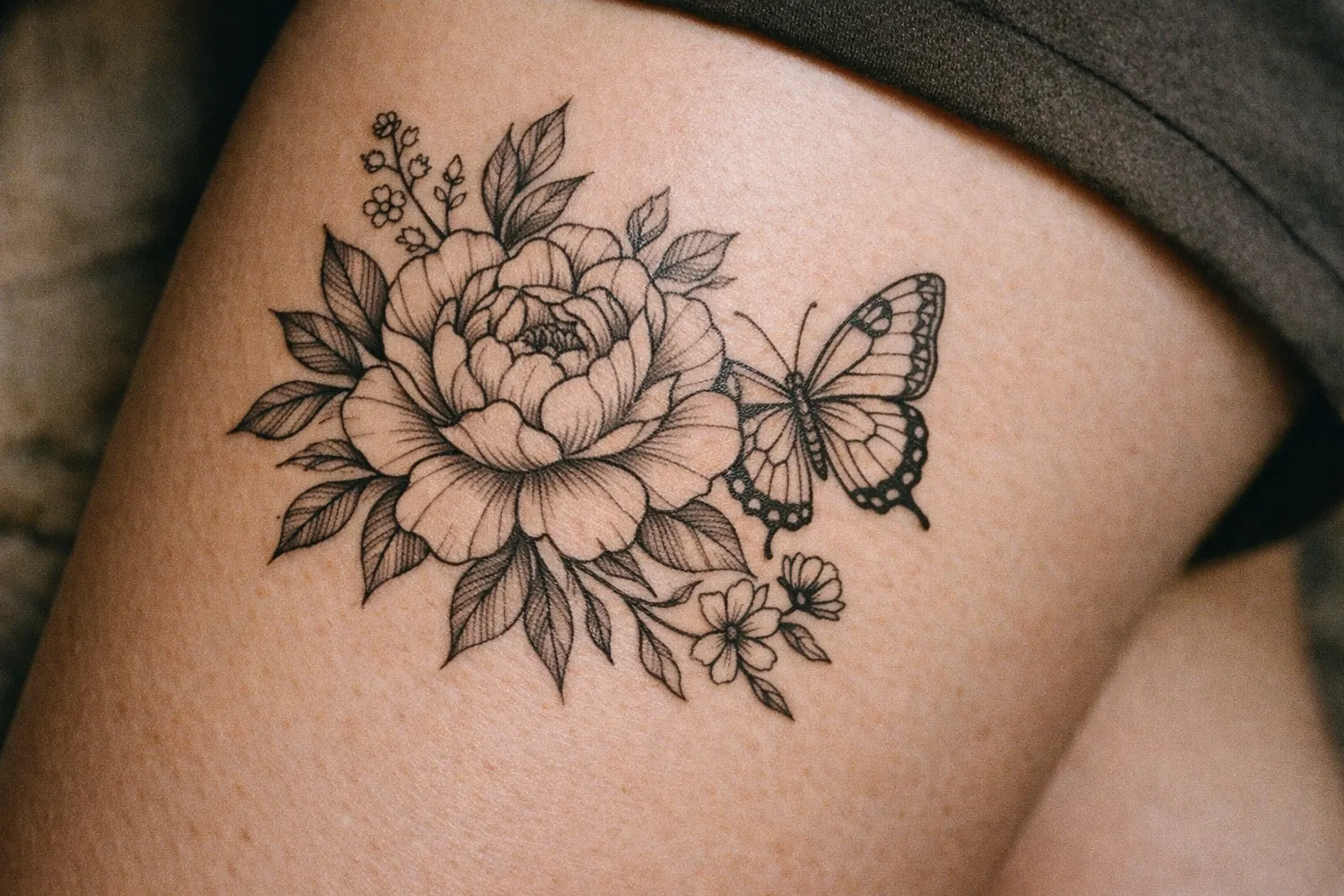 Outer thigh tattoo with clean linework and soft shading; skin texture visible