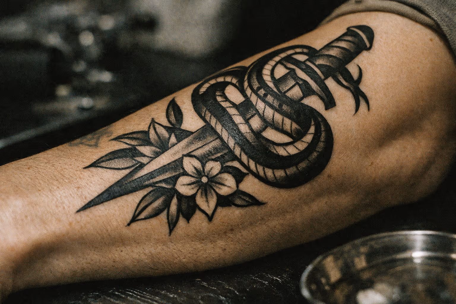 Editorial close-up of tattooed forearm in a studio, highlighting saturated linework and healed skin for a calm meditation on pain