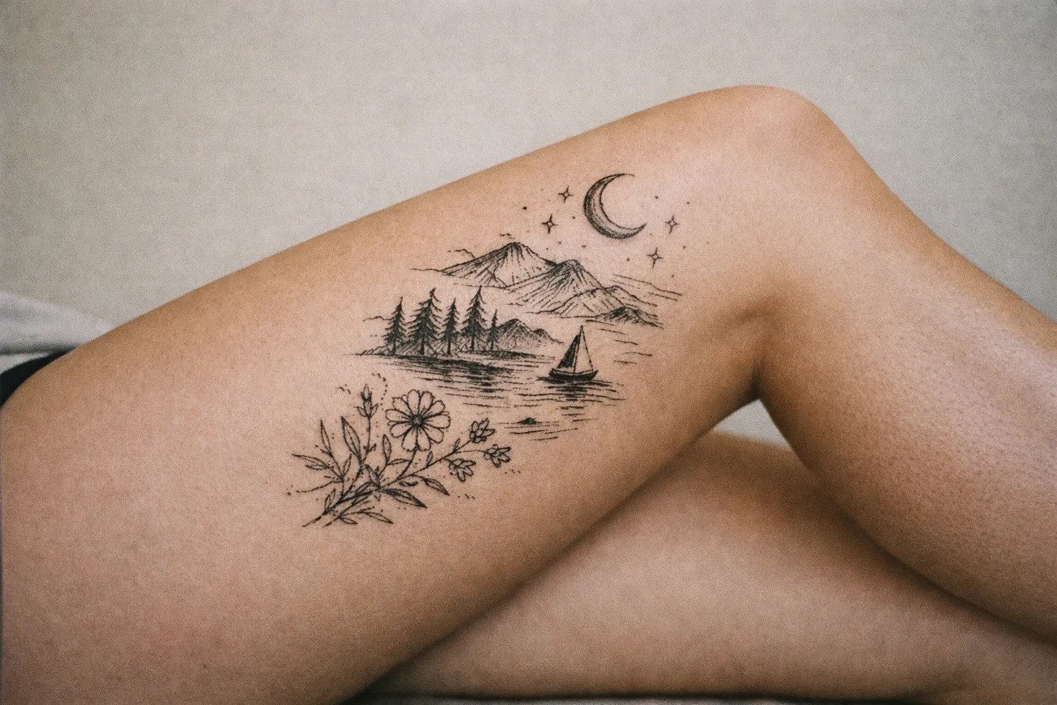 A tattoo of a landscape with mountains, trees, and a moon on the front of a person's thigh.