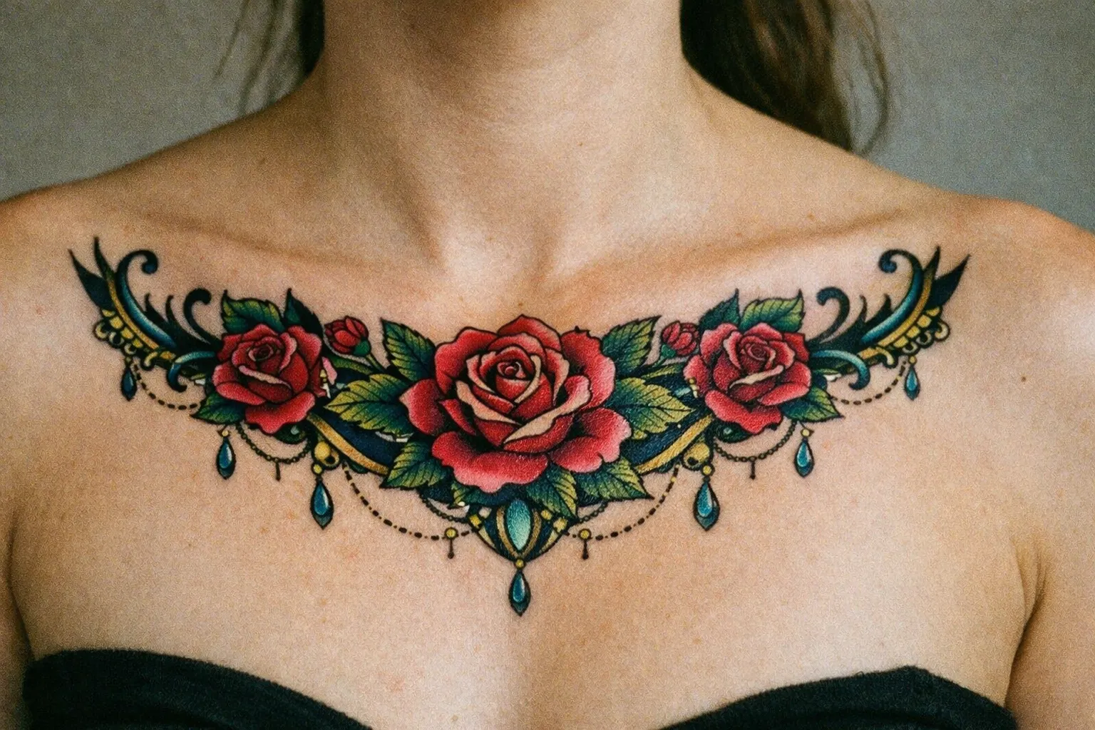 A person with a colorful rose tattoo across the upper chest and collarbone area.