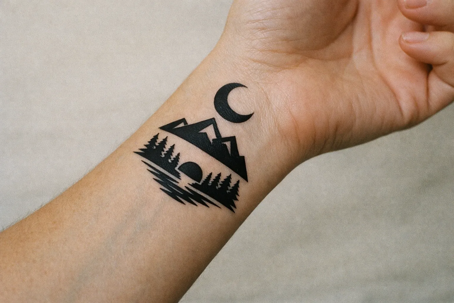 A forearm with a black tattoo of mountains, trees, a crescent moon, and a sun over water.