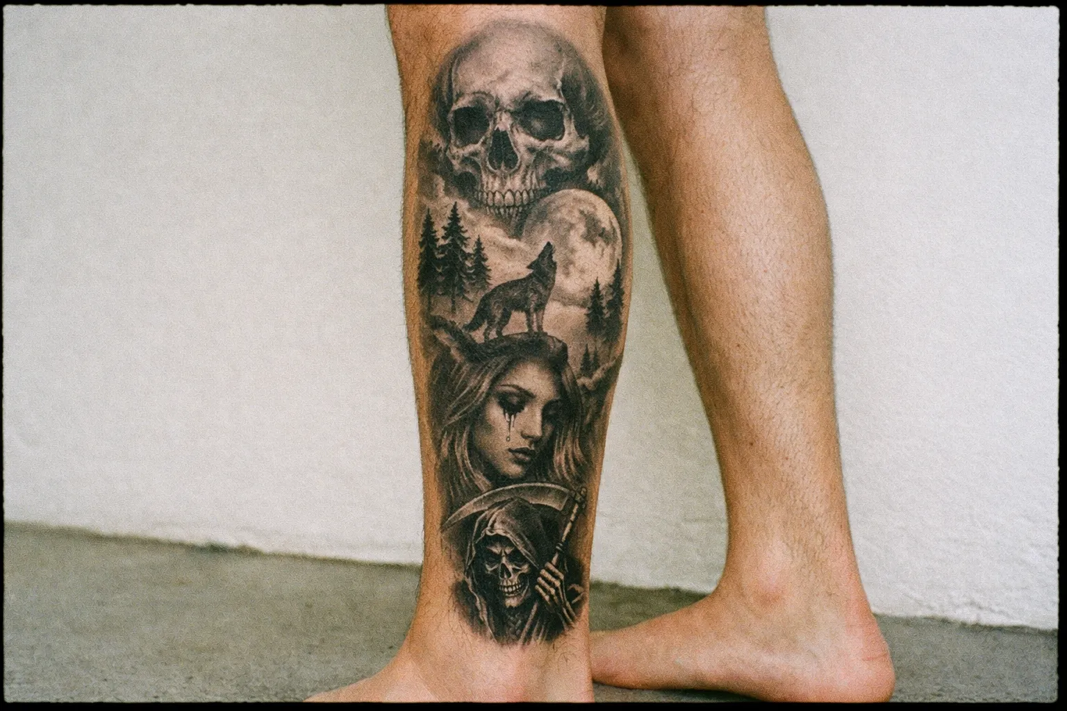 A person's lower leg featuring a detailed tattoo with a skull, wolf, woman, and grim reaper.