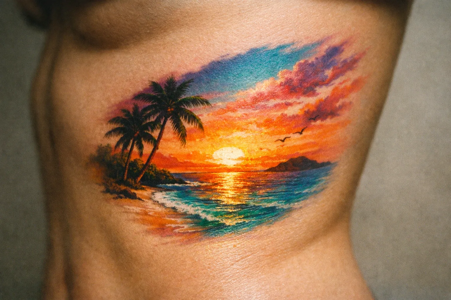 A colorful sunset beach scene tattoo is shown on a person's ribcage.