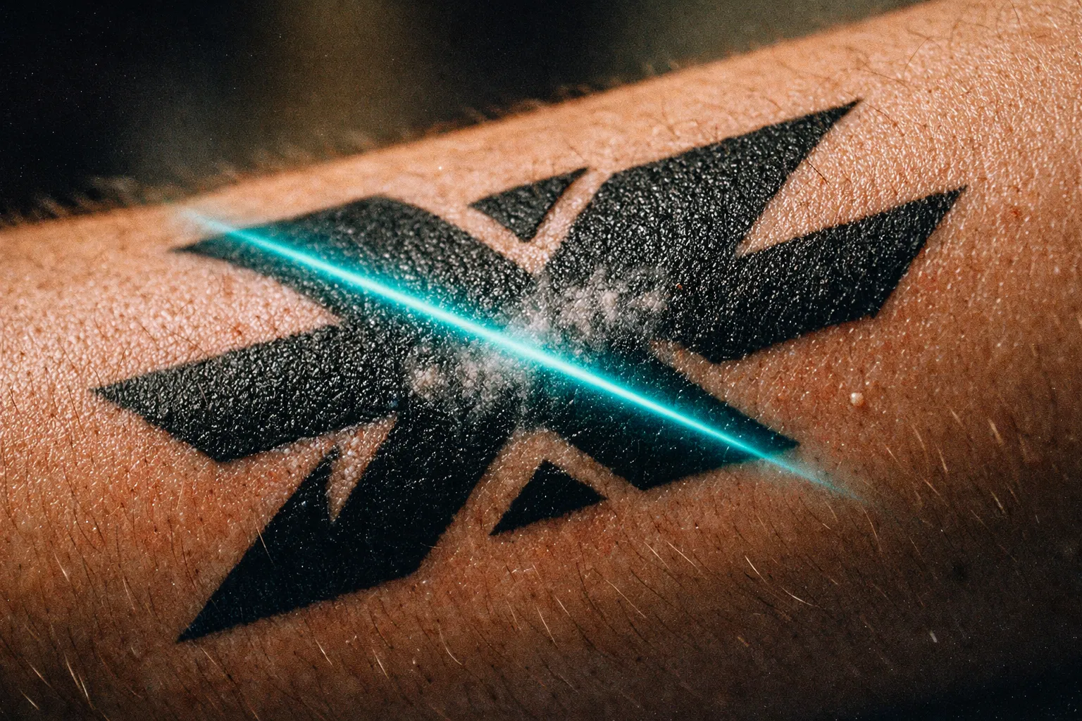 Forearm tattoo with subtle laser glow crossing the ink, skin texture visible