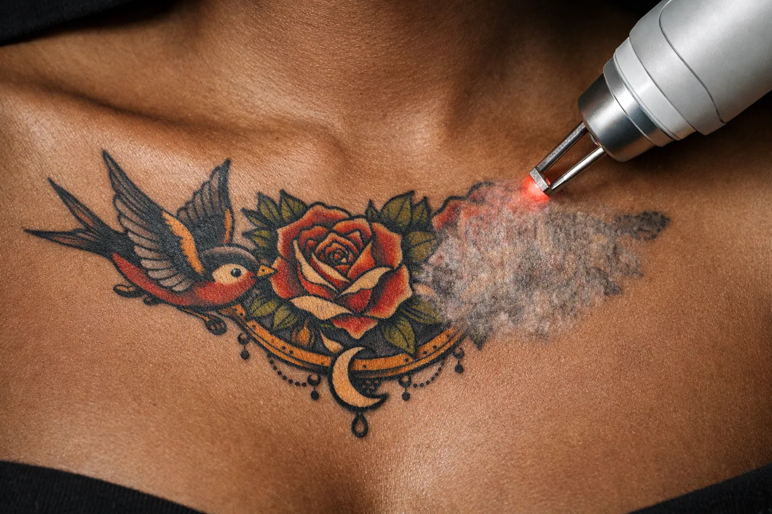 A laser device is used to remove a colorful tattoo from a person's upper chest.