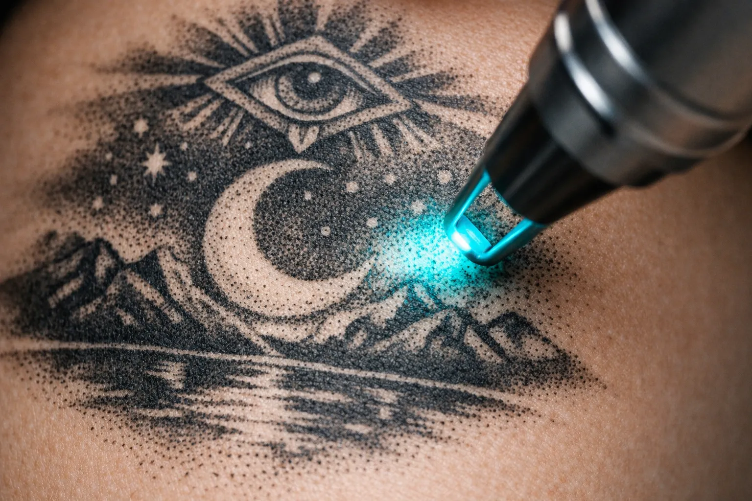 A laser device is being used on a detailed tattoo of an eye, moon, and mountains on skin.