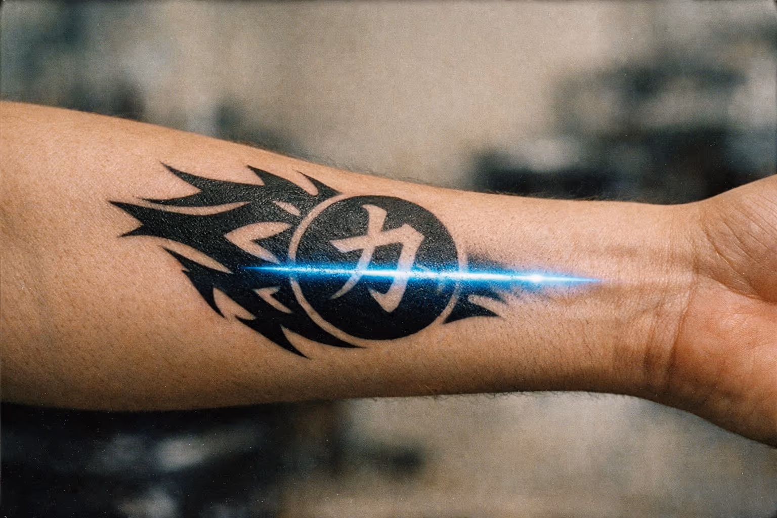 Editorial close-up of a forearm tattoo during laser removal, showing ink saturation and a subtle laser glow