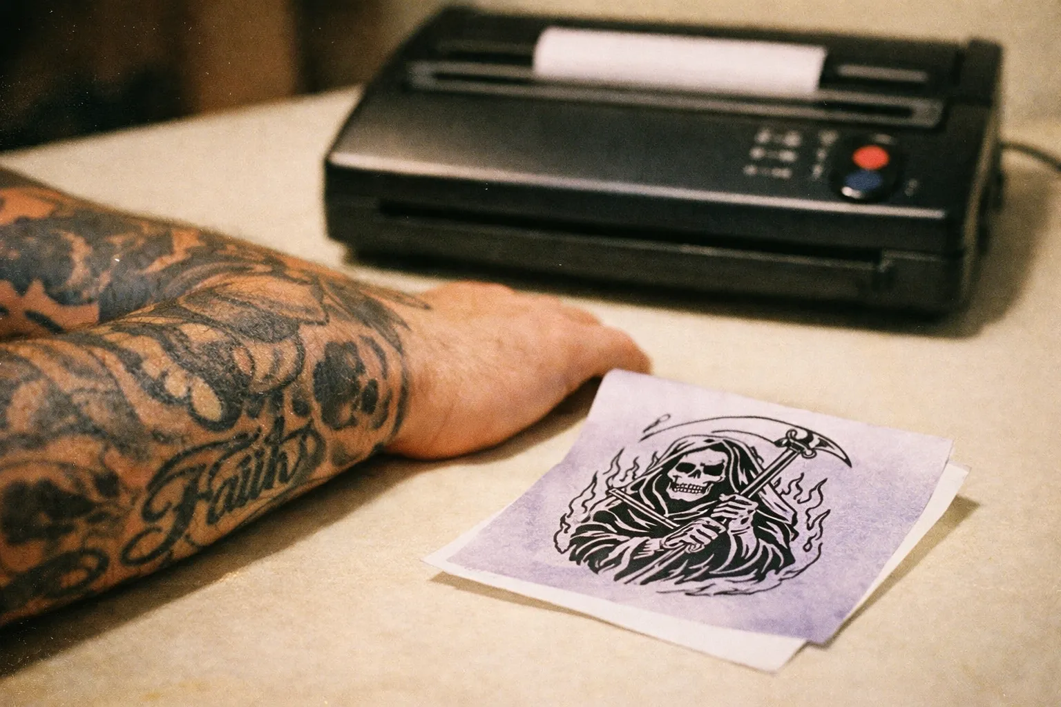 A tattooed forearm with crisp black linework, stencil transfer paper near the skin, printer blurred in the background