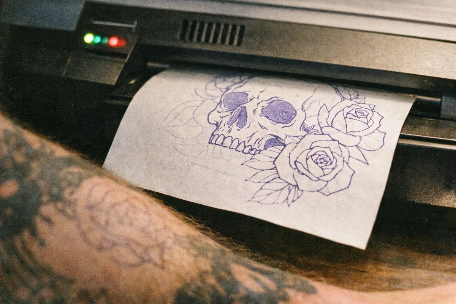 Forearm in profile with tattoo, stencil transfer paper and a printer mechanism in soft focus