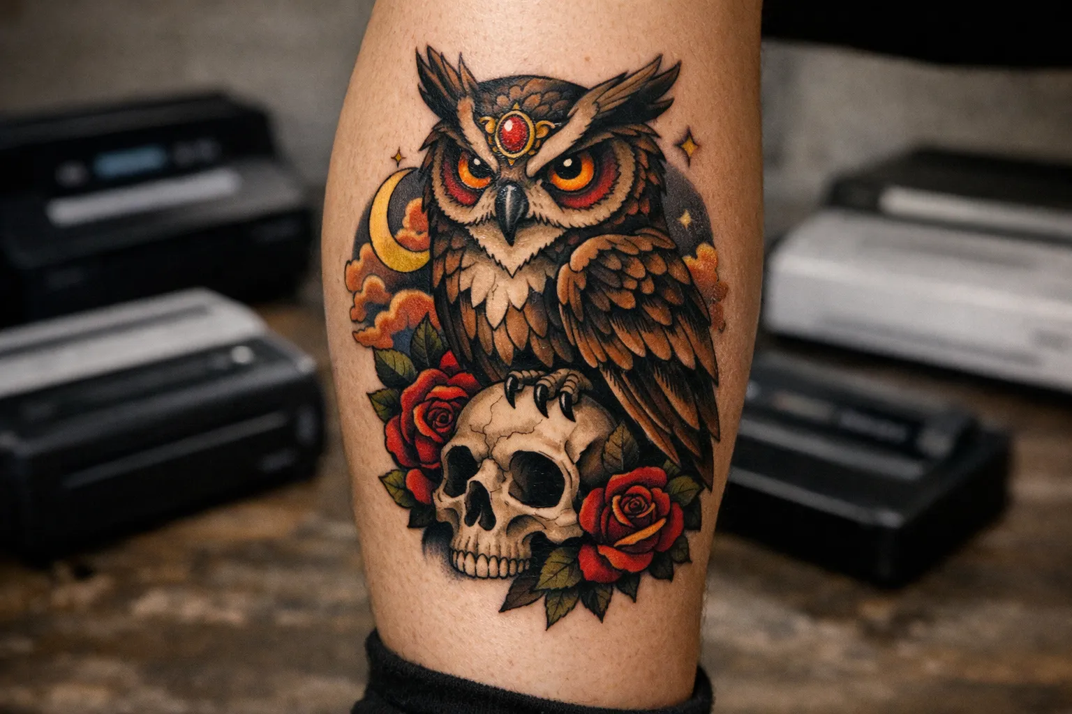 A detailed owl and skull tattoo on a person's leg in a studio setting with stencil printers in the background.