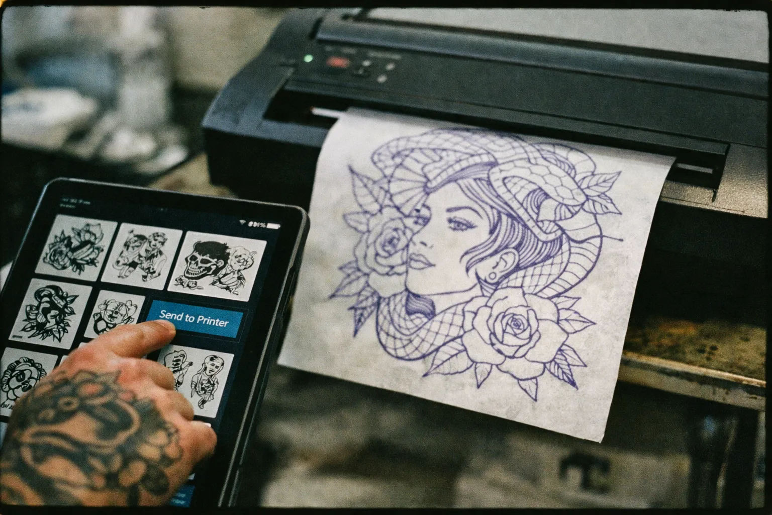 Forearm tattoo in focus, tablet in foreground and stencil printer visible in background, showing workflow