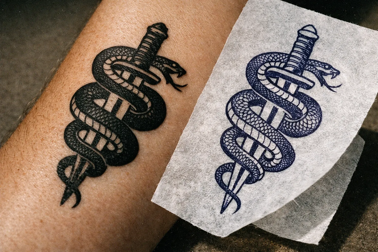 Forearm with tattoo in focus, stencil printer paper sheet with a printed design resting beside