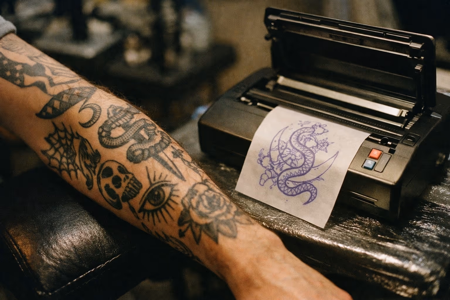 Editorial close-up of a tattooed forearm in a studio, stencil transfer being prepared by a nearby stencil printer
