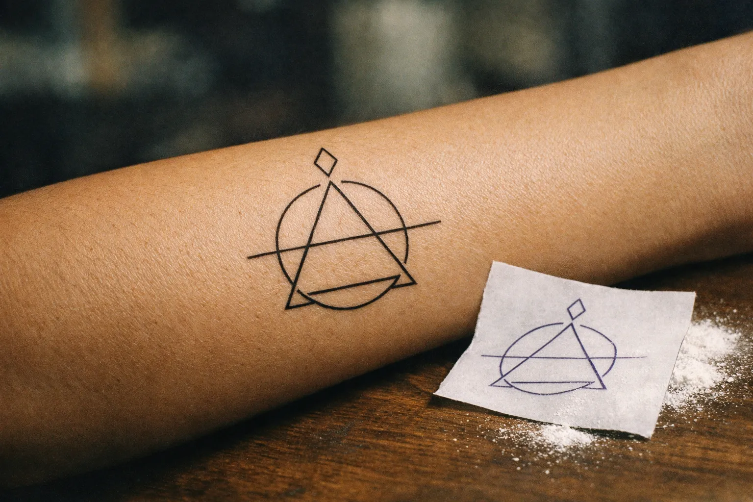 Close-up of a forearm showing stencil lines drawn on the skin to outline a tattoo design