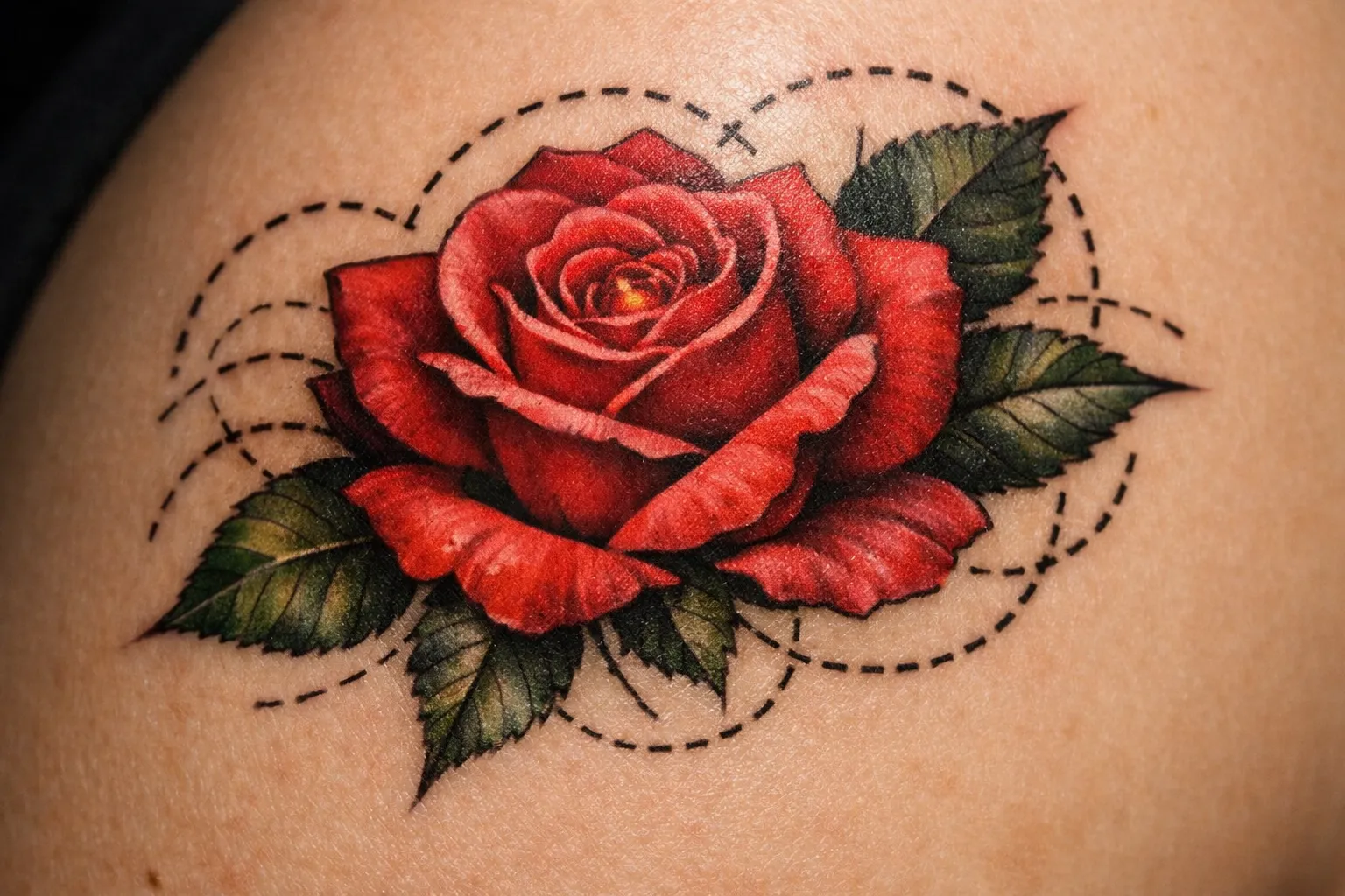 A realistic red rose tattoo with surrounding dotted stencil lines on bare skin.