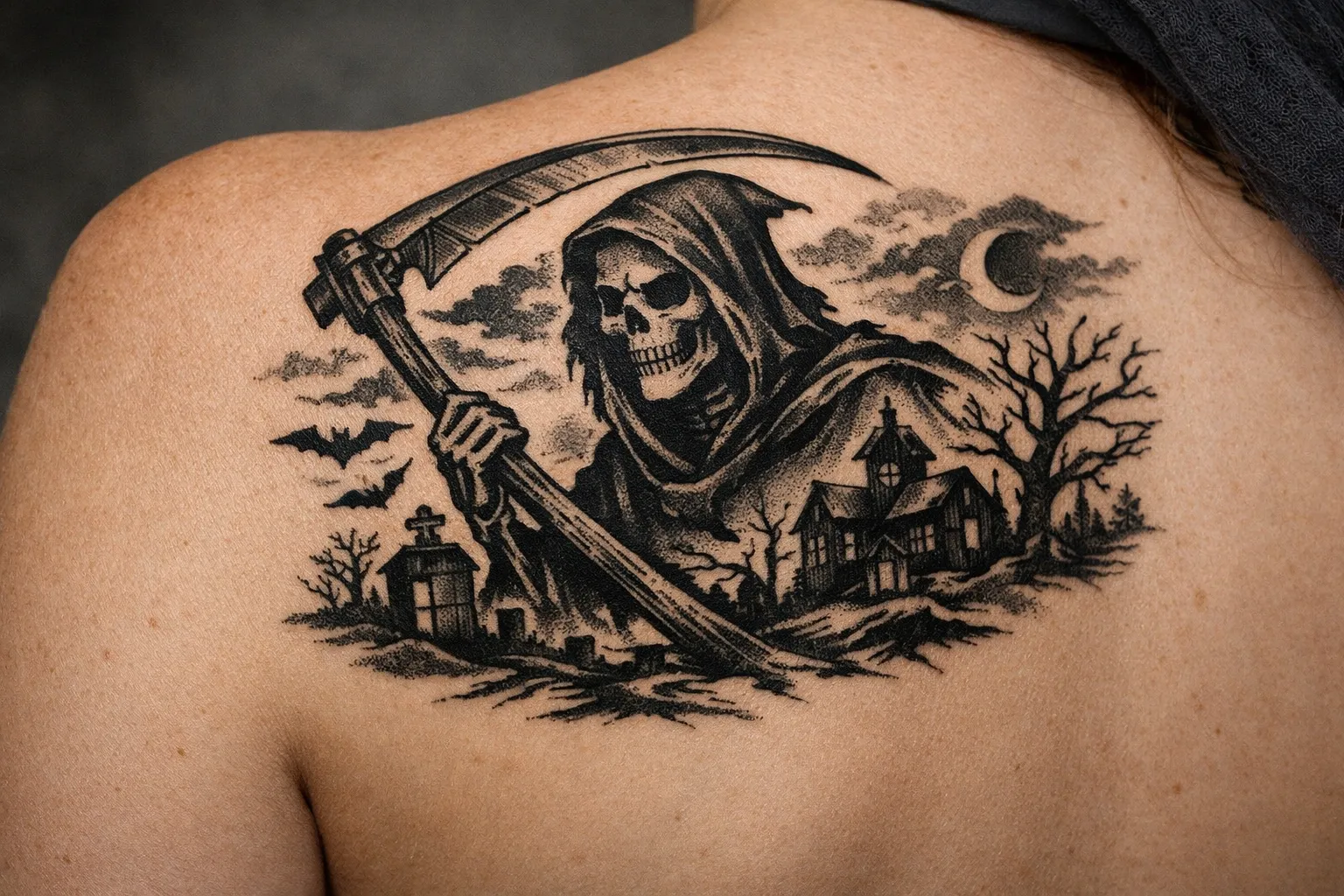 A grim reaper tattoo is inked on a person's upper back, showing a hooded skeleton with a scythe in a graveyard scene.