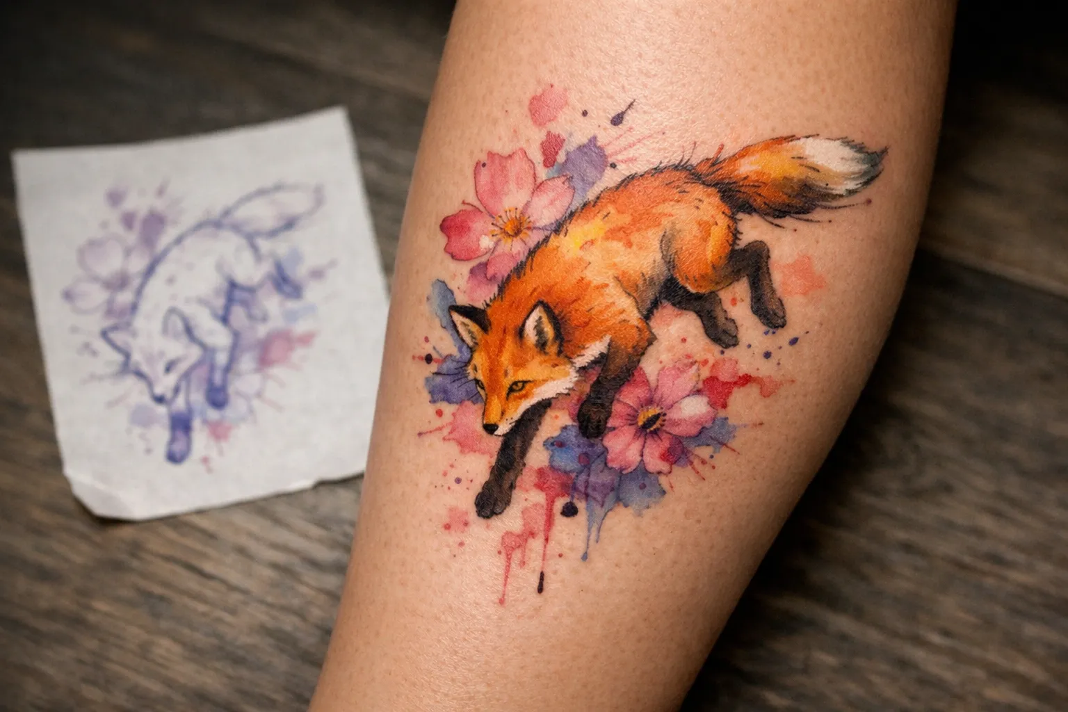 A fox and flower tattoo freshly inked on a person's leg with its stencil lying nearby on the floor.