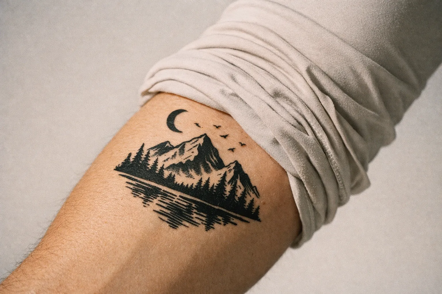 Forearm tattoo wearing a lightweight UPF sleeve, partial shade, clean studio background